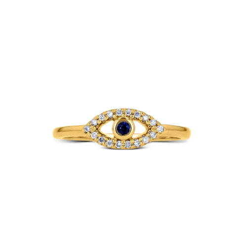 14k Gold and Genuine Sapphire and Diamond Evil Eye Ring