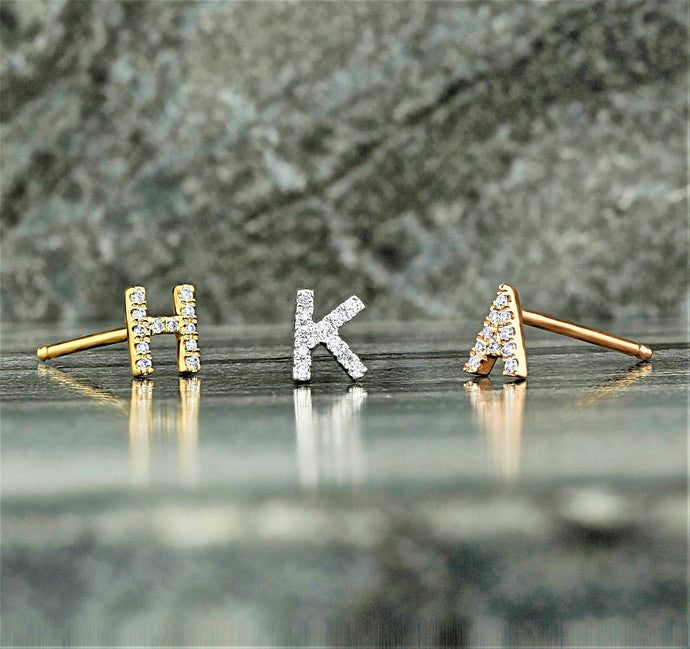 Single (Half Pair) 14K or 18k Gold & Genuine Diamond Initial Monogram Personalized Custom Alphabet Mix + Match Stud Earrings