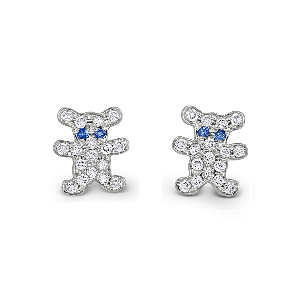 Single (Half Pair) 18k Gold + Genuine Diamond and Sapphire Micro-Pave Teddy Bear Stud Earrings for Girls or Women Baby Shower New Mom Gift