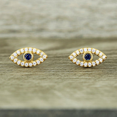 Single (Half Pair) 14k Gold and Genuine Diamond and Sapphire Evil Eye Stud Earrings w/ High Quality Stones in White, Yellow or Rose Gold