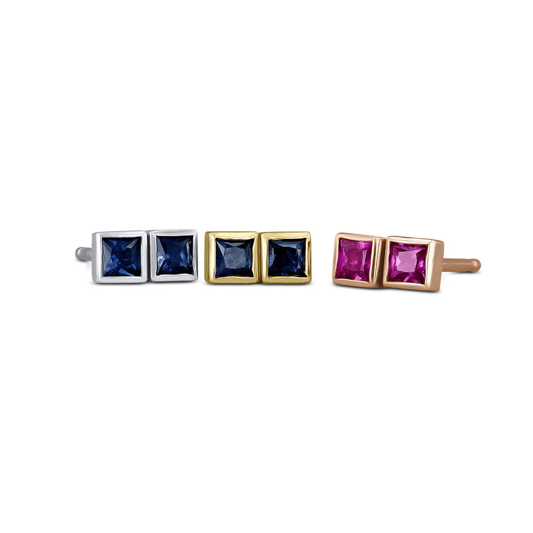 Single (Half Pair) 14k Solid Gold Natural Dark Pink or Blue Sapphire Princess Cut Small Square Bezel Set Earring Studs