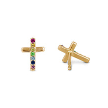 Load image into Gallery viewer, Single (Half Pair) 14k Gold and Genuine Rainbow Gemstone Cross Earring for Women
