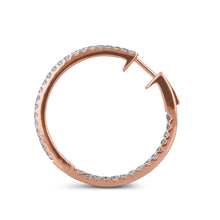 Load image into Gallery viewer, 18k Rose Gold and Genuine Diamond Inside Out Hoop Earrings w High Quality Diamonds and Push Button Closure 1 1/4&quot; Diameter
