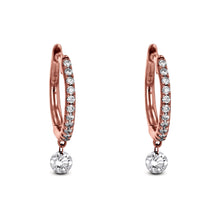 Load image into Gallery viewer, Pair of 18k Rose Gold and Genuine Diamond Round Huggy Hoop Earrings with Dangling Floating Diamonds High Quality 1/2&quot; Diameter
