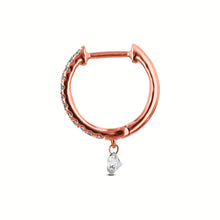 Load image into Gallery viewer, Pair of 18k Rose Gold and Genuine Diamond Round Huggy Hoop Earrings with Dangling Floating Diamonds High Quality 1/2&quot; Diameter
