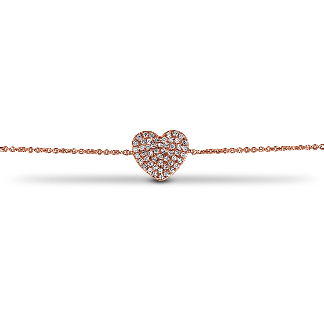 14k Gold and Genuine Diamond Pave Heart Dainty Delicate Minimalist Chain Love Bracelet for Women or Girls in White Yellow or Rose Gold