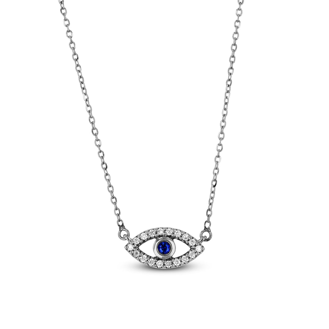 14k Gold and Genuine Sapphire and Diamond Evil Eye Dainty Delicate Bezel Set Evil Eye Mal De Ojo Pendant Necklace w/ Adjustable Length Chain