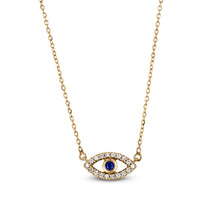 Load image into Gallery viewer, 14k Gold and Genuine Sapphire and Diamond Evil Eye Dainty Delicate Bezel Set Evil Eye Mal De Ojo Pendant Necklace w/ Adjustable Length Chain
