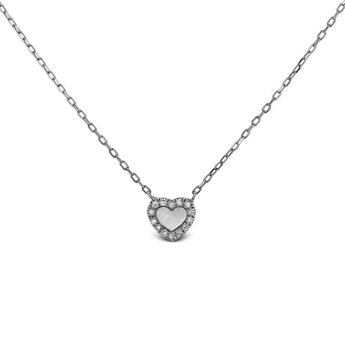 14k Gold and Genuine Diamond + Mother of Pearl Small Heart Layering Necklace w/ Adjustable Length Chain for Women or Girls