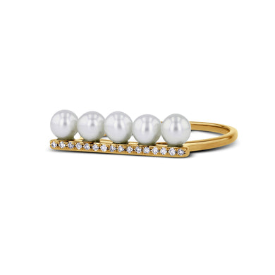 14k Gold and Genuine Diamond and Pearl Bar Ring for Women w/ High Quality Diamonds in White, Yellow or Rose Gold