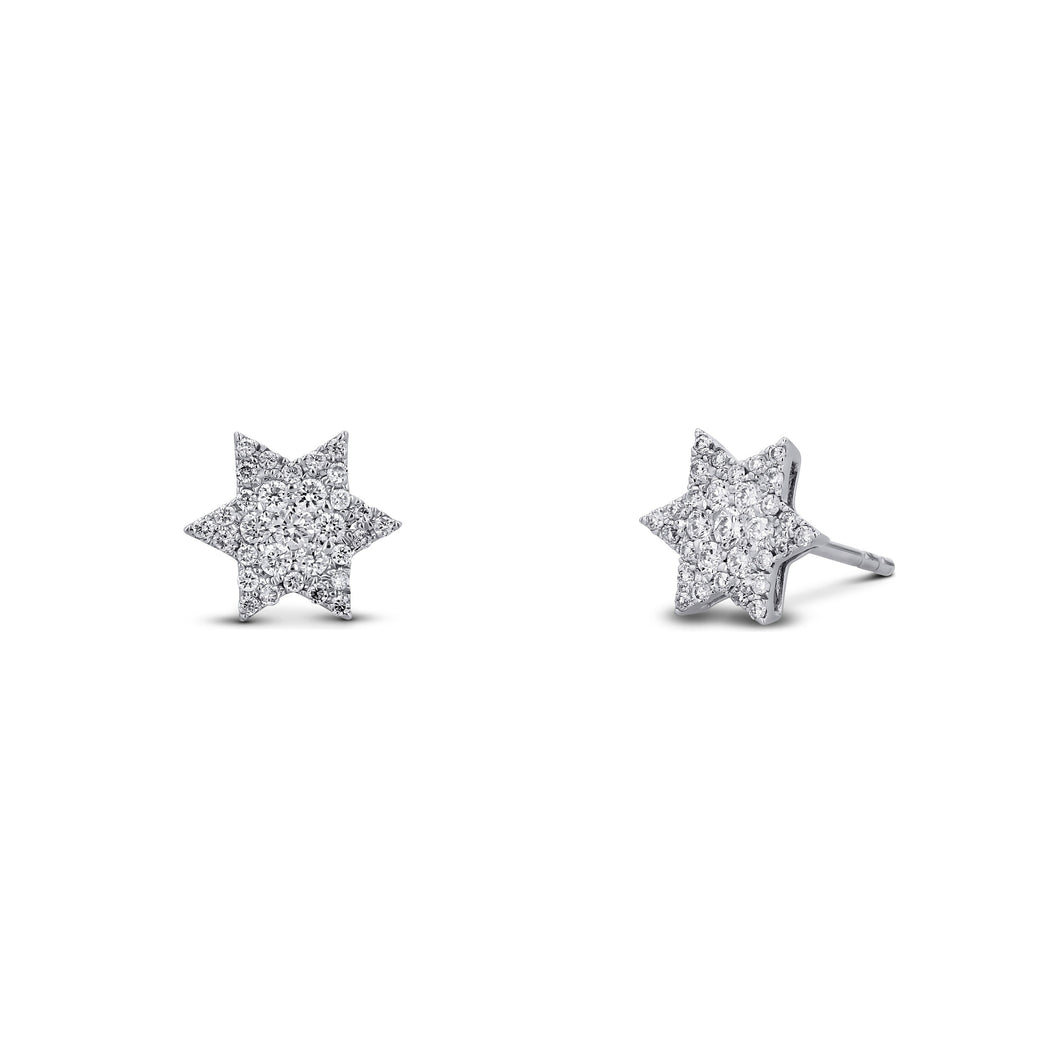 Pair of 18k White Gold and Genuine Pave Diamond Jewish 6 Pointed Star of David Stud Earrings w/ High Quality Diamonds for Women