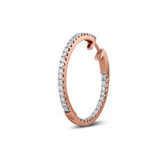 Load image into Gallery viewer, 18k Rose Gold and Genuine Diamond Inside Out Hoop Earrings w High Quality Diamonds and Push Button Closure 1 1/4&quot; Diameter
