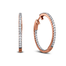 Load image into Gallery viewer, 18k Rose Gold and Genuine Diamond Inside Out Hoop Earrings w High Quality Diamonds and Push Button Closure 1 1/4&quot; Diameter
