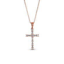 Load image into Gallery viewer, 14k Gold and Genuine Diamond Baguette and Round Cross Pendant and Chain for Women in White Yellow or Rose Gold
