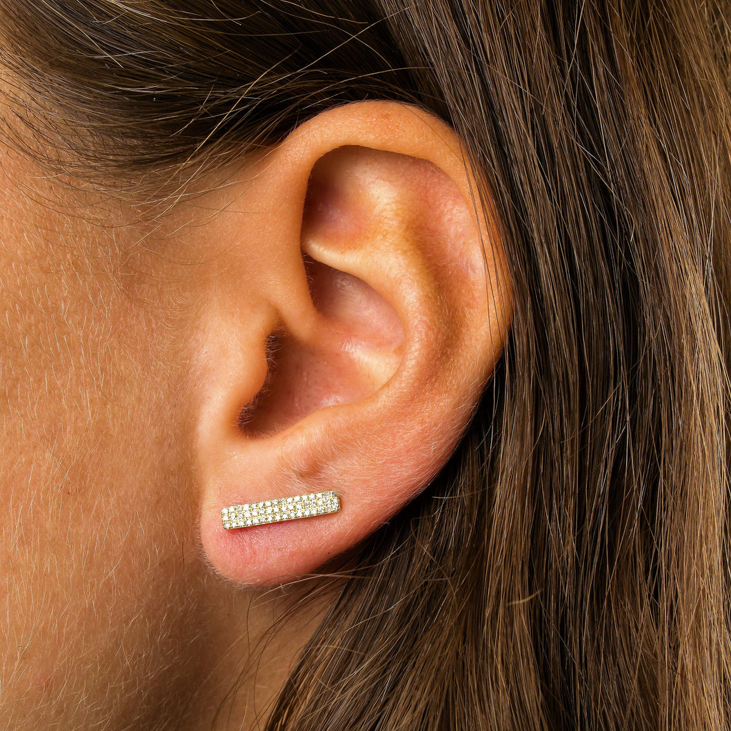 Single (Half Pair) 14k Gold and Genuine Diamond Microset Wide Bar Ear Climber for Women in White, Yellow or Rose Gold