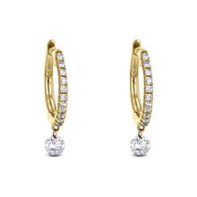 Load image into Gallery viewer, Pair of 18k Rose Gold and Genuine Diamond Round Huggy Hoop Earrings with Dangling Floating Diamonds High Quality 1/2&quot; Diameter
