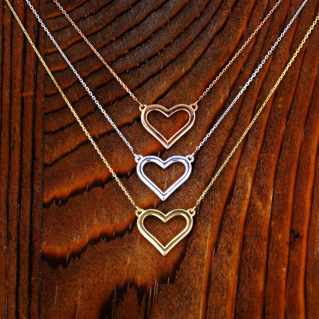 14k Solid Gold Plain Open Heart Necklace Pendant with Adjustable Length Chain in White Yellow or Rose Gold for Women or Girls