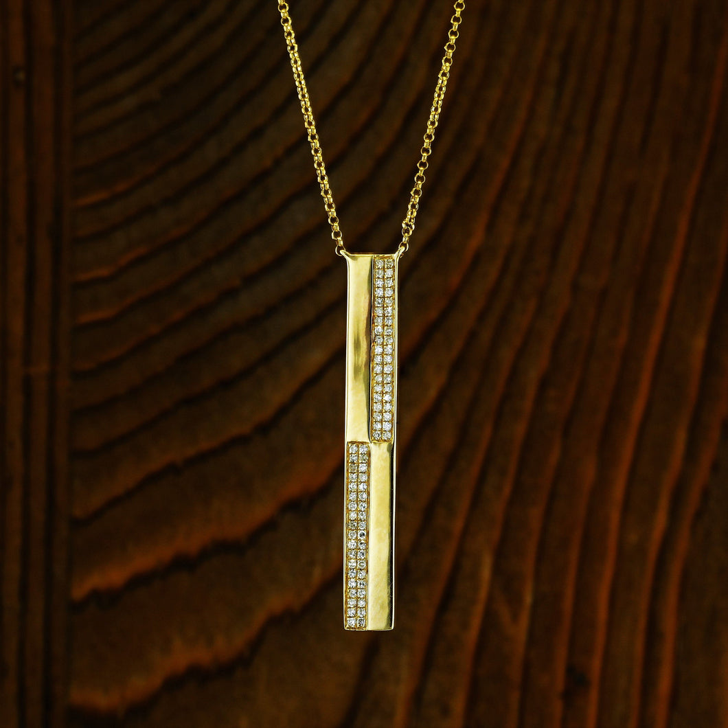 14k Gold and Genuine Pave Diamond North-South Checkerboard Bar Necklace w/ High Quality Diamonds for Women