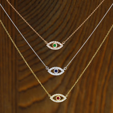 Load image into Gallery viewer, 14k Gold and Genuine Sapphire and Diamond Evil Eye Dainty Delicate Bezel Set Evil Eye Mal De Ojo Pendant Necklace w/ Adjustable Length Chain
