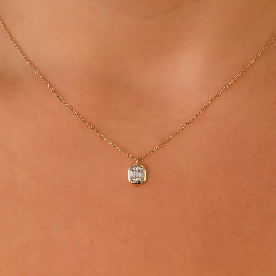 14k Gold Genuine Diamond Bezel Set Baguette Emerald Cut Look Solitaire Pendant Necklace Adjustable Length Chain Women White Yellow Rose