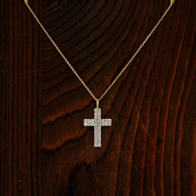 18k Solid Gold and Genuine Natural Diamond Micro Pave Cross Pendant Necklace and Chain for Women