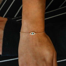 Load image into Gallery viewer, 14k Solid Gold Diamond with Bezel Set Sapphire Ruby Emerald or Turquoise Bezel Set Evil Eye Adjustable Bracelet
