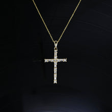 Load image into Gallery viewer, 14k Gold and Genuine Diamond Baguette and Round Cross Pendant and Chain for Women in White Yellow or Rose Gold
