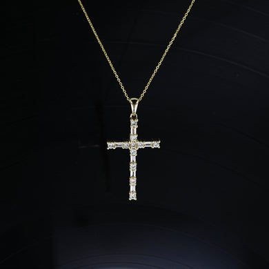 14k Gold and Genuine Diamond Baguette and Round Cross Pendant and Chain for Women in White Yellow or Rose Gold