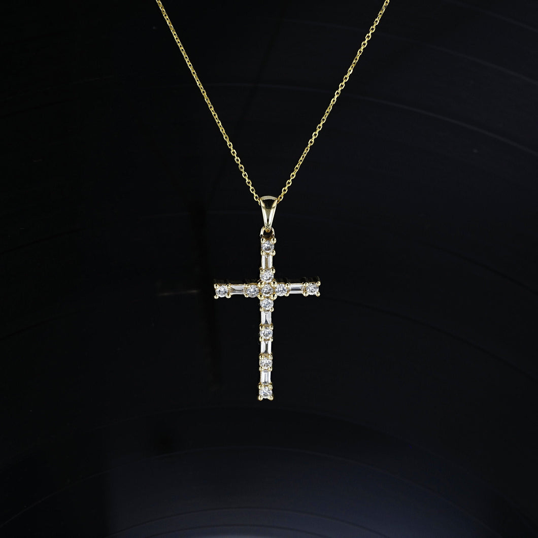 14k Gold and Genuine Diamond Baguette and Round Cross Pendant and Chain for Women in White Yellow or Rose Gold