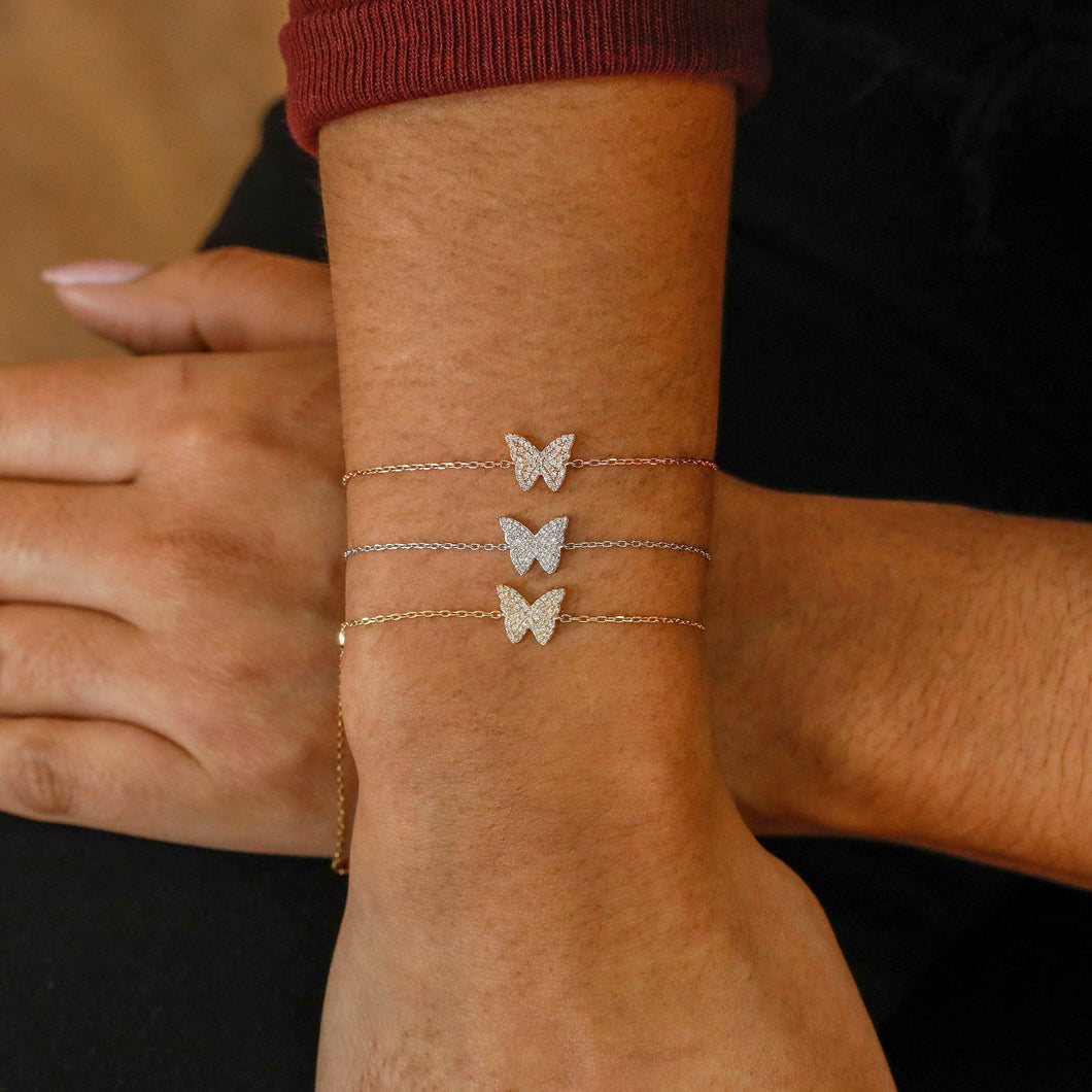 18K Solid Gold Natural Diamond Butterfly Chain Adjustable Bracelet | Minimalist Dainty Stacking Diamond Bracelet White Yellow Rose Gold