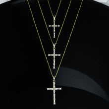 Load image into Gallery viewer, 14k Gold and Genuine Diamond Baguette and Round Cross Pendant and Chain for Women in White Yellow or Rose Gold
