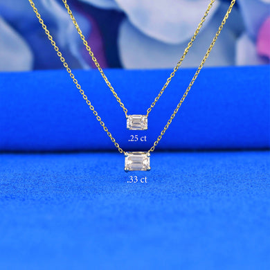 14k Solid Gold Genuine Natural Emerald Cut Diamond Solitaire Minimalist Layering Necklace with Adjustable Length Chain for Women