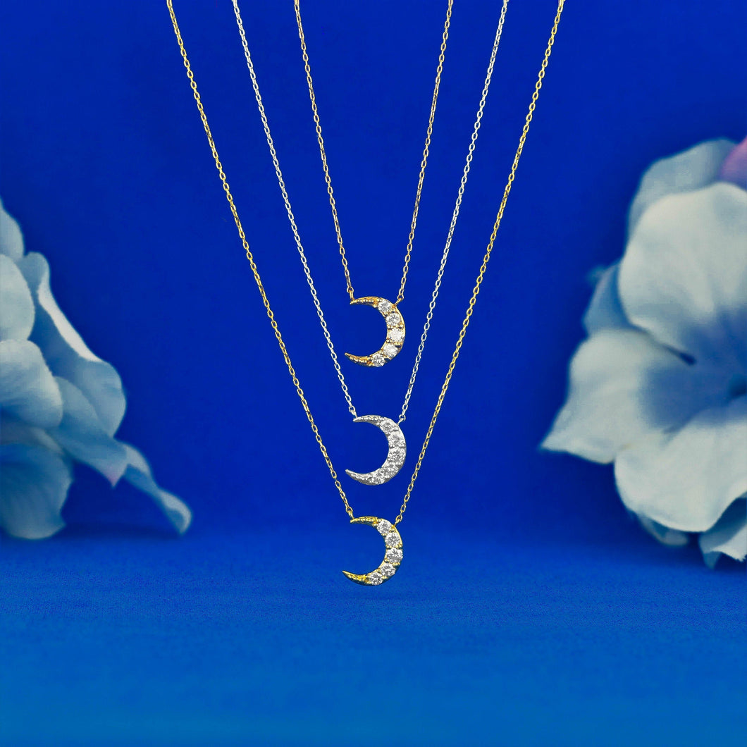 18k Solid Gold Genuine Natural Diamond Crescent Moon Layering Necklace w/ Adjustable Drawstring Chain