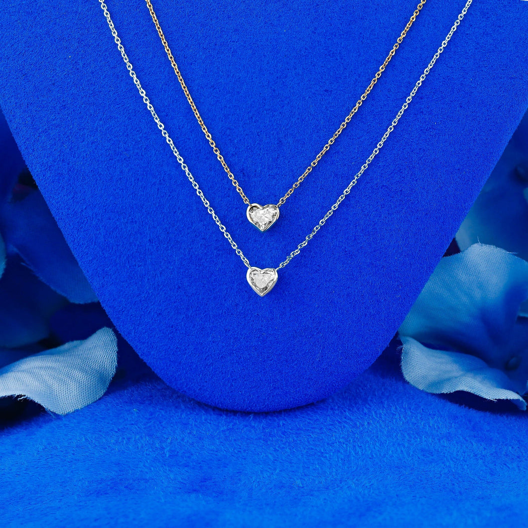 18k Solid Gold .30ct Natural Diamond Heart Shaped Solitaire Bezel Set Necklace w/ Adjustable Drawstring Chain