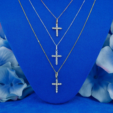 14k Solid Gold Natural Diamond Small Cross Pendant Necklace with Adjustable Drawstring Chain