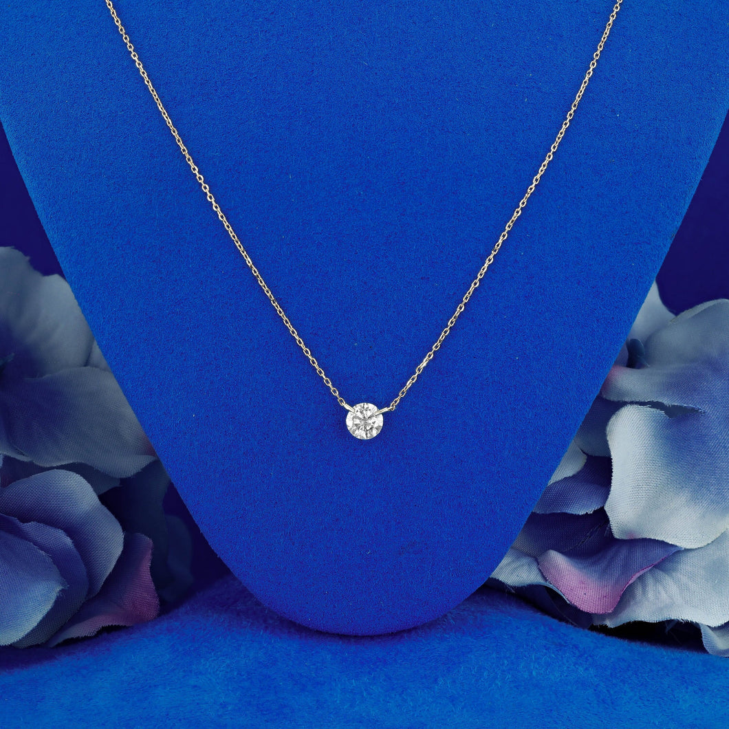 14k or 18k Solid Gold Natural Diamond Floating Solitaire Necklace with Drawstring Adjustable Chain