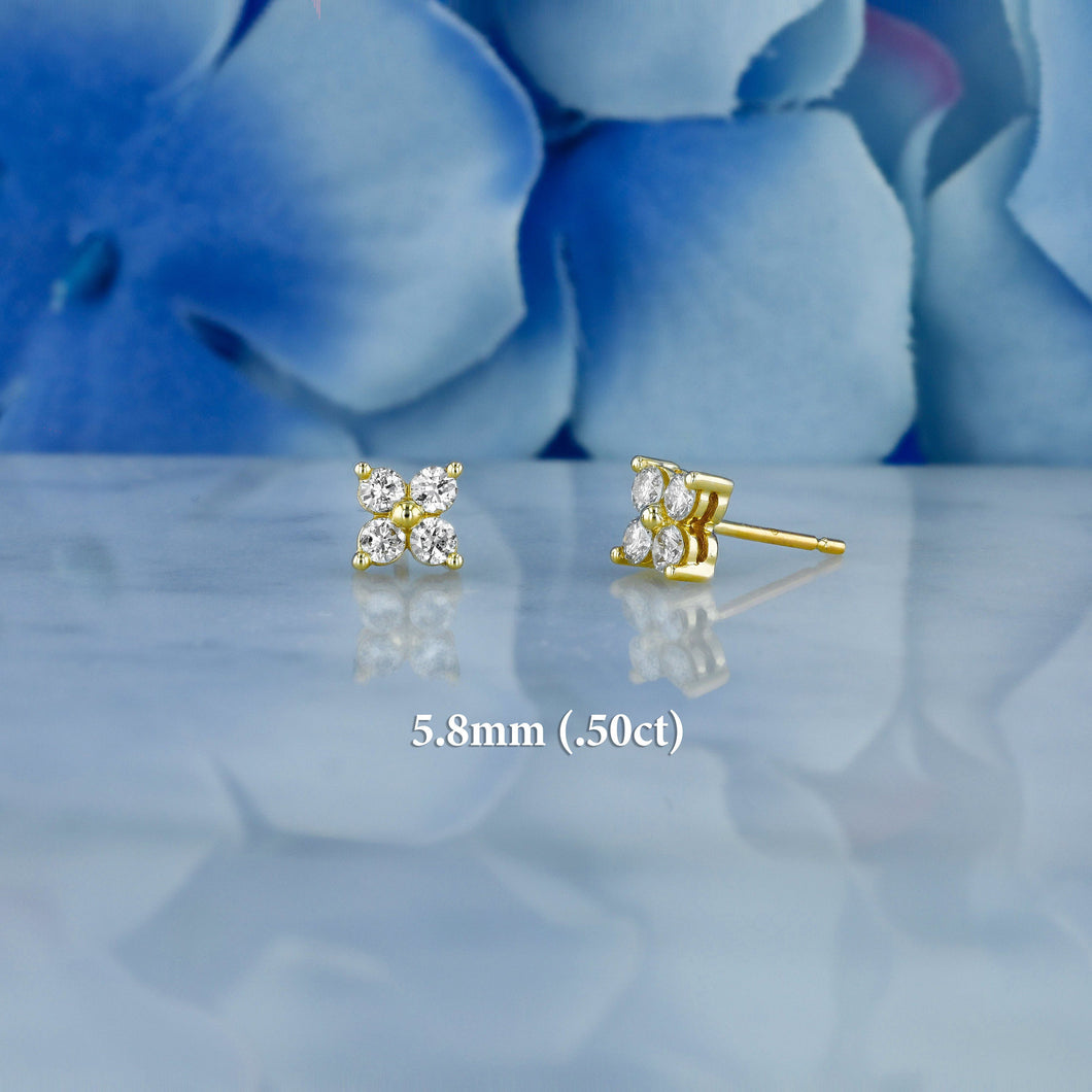 Single (Half Pair) 14k Solid Gold Natural Diamond Small Clover Flower Cluster Stud Earrings