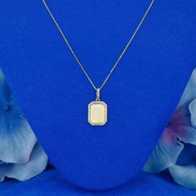 14k Solid Gold Natural Diamond Border Small Rectangle Dog Tag Pendant with Adjustable Drawstring Chain