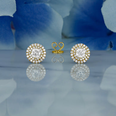 14k Solid Gold Natural Diamond Double Halo Round Statement Cluster Stud Earrings