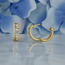 Load image into Gallery viewer, 18k Solid Gold Natural Diamond Baguette Zig Zag Pattern with Border Huggy Hoop Earrings
