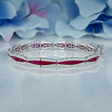 Load image into Gallery viewer, 14k Solid Gold Natural Diamond Border with Ruby or Sapphire Baguette Statement Bracelet
