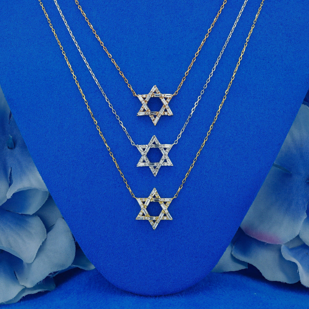 18k Solid Gold Natural Diamond Baguette and Round Open Star of David Necklace with Adjustable Drawstring Chain