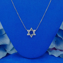 Load image into Gallery viewer, 18k Solid Gold Natural Diamond Baguette and Round Open Star of David Necklace with Adjustable Drawstring Chain
