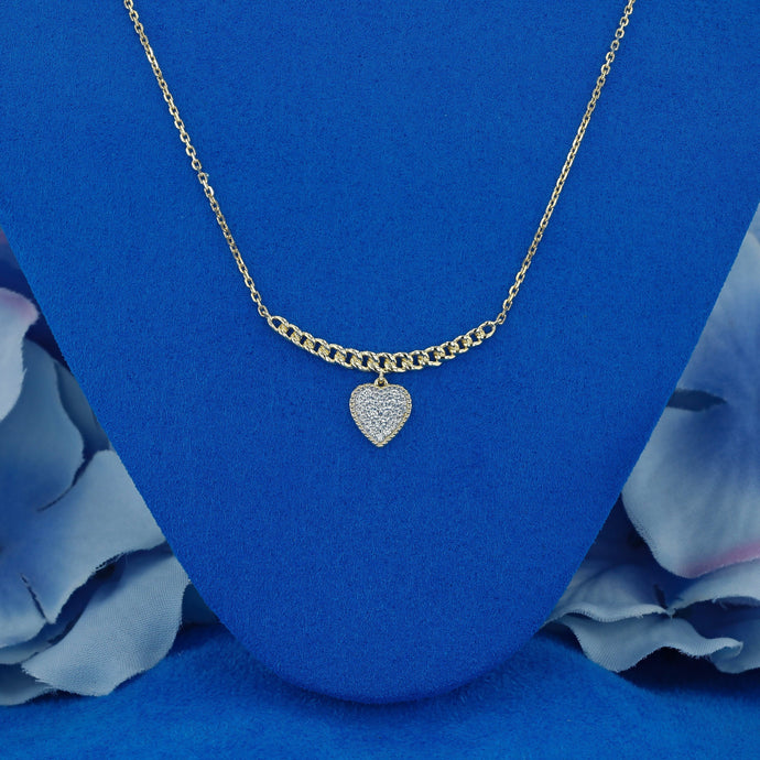 14k Solid Gold Natural Diamond Dangling Pavé Heart Cuban Link with Adjustable Chain Necklace