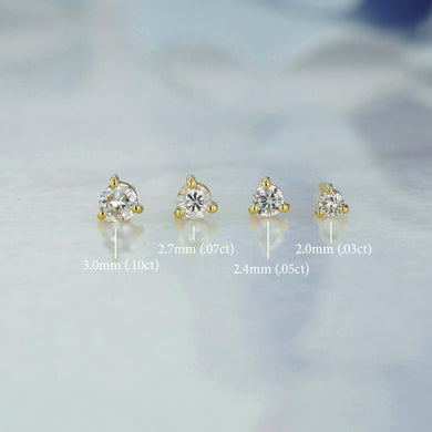 Single (Half Pair) 14k Solid Gold Natural Diamond Low Profile Small Three Prong Minimalist Stud Earrings