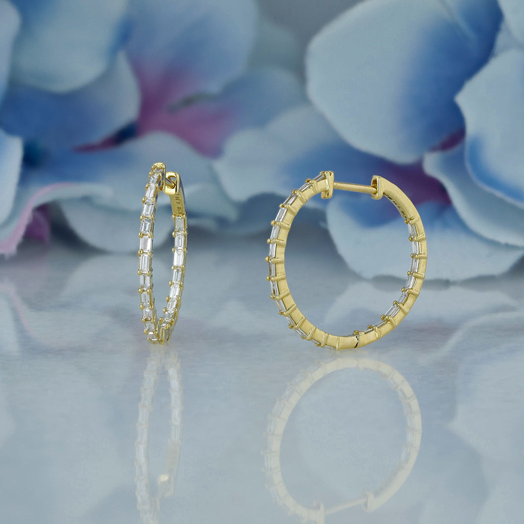 18k Solid Gold Natural Diamond Baguette Inside Out Hoop Earrings