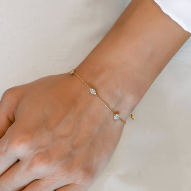 18k Gold Genuine Diamond Chain Diamond Cluster Station Layering Stacking Bracelet w/ Adjustable Length Drawstring White Yellow Rose Gold