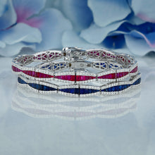 Load image into Gallery viewer, 14k Solid Gold Natural Diamond Border with Ruby or Sapphire Baguette Statement Bracelet
