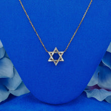 Load image into Gallery viewer, 18k Solid Gold Natural Diamond Baguette and Round Open Star of David Necklace with Adjustable Drawstring Chain
