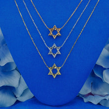 Load image into Gallery viewer, 18k Solid Gold Natural Diamond Baguette and Round Open Star of David Necklace with Adjustable Drawstring Chain
